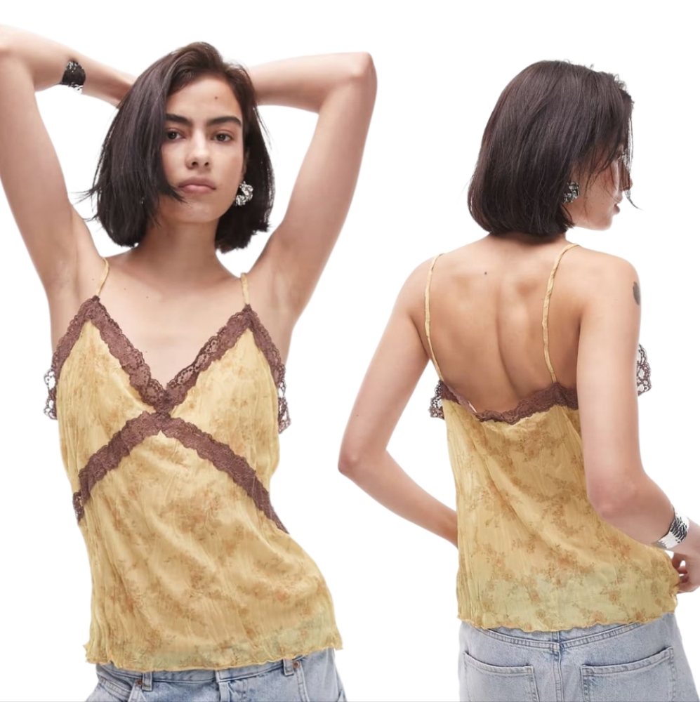 Topshop Floral Lace Cami In Yellow A D Brown Medium